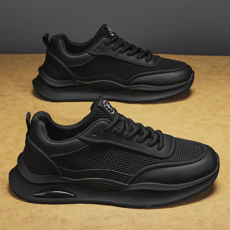 男鞋夏季透气休闲运动网面厨房防滑工作上班纯黑色厨师劳保老爹鞋