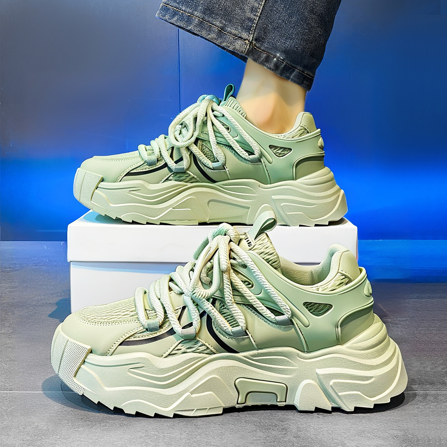 男鞋春季轻奢高级感痞帅软底舒适增高运动学生休闲绿色旅游老爹鞋,流行男鞋,时尚休闲鞋,淘宝优惠券,粉丝福利购,淘宝优惠卷