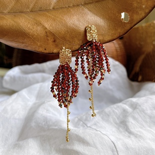 「鸿运当头」红色水晶耳饰流苏超闪耳环大气时尚耳钉重工夸张耳夹