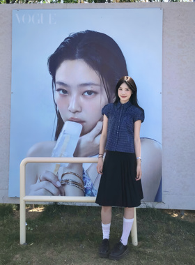 JAMUUS复古蓝格设计感泡泡袖衬衫女2025新款日系宽松休闲上衣