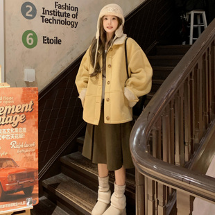 JAMUUS复古羊羔毛皮毛一体翻领外套麂皮绒保暖上衣 毛呢半身裙