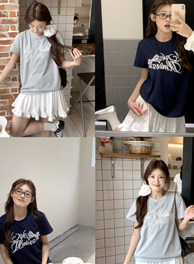 JAMUUS刺绣蕾丝蝴蝶结慵懒风短袖t恤+芭蕾风蕾丝白色a字半身裙