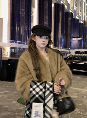 JAMUUS韩版晕染霜色短款环保皮草秋冬慵懒洋气保暖毛毛外套女