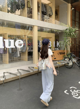 JAMUUS夏日奶蓝冰丝山本裤凉凉垂感阔腿裤宽松显瘦慵懒风拖地长裤