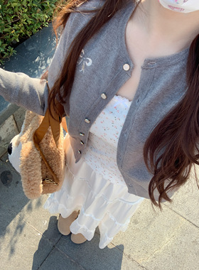 JAMUUS奶盐淡粉色小碎花蕾丝边吊带背心春夏法式经典内搭短款上衣