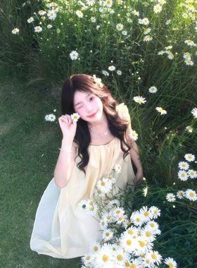 JAMUUS法式复古黄色小飞袖连衣裙女2024夏季浪漫度假风大裙摆长裙