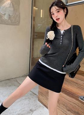 JAMUUS莱赛尔天丝假两件针织长袖t恤女2024秋季显瘦内搭打底衫