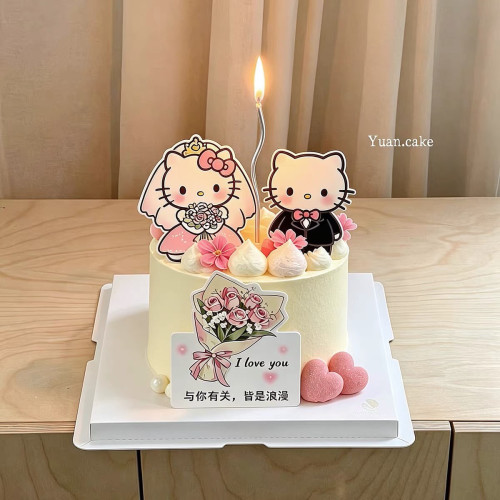 网红520情人节蛋糕装饰卡通kt猫婚纱情侣亚克力花束烘焙装扮插件