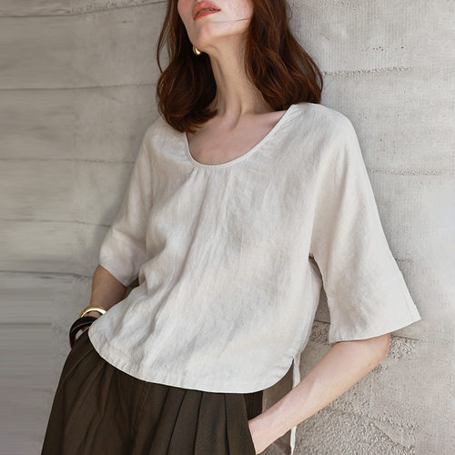 老钱风纯汉麻七分袖前短后长短袖套头T恤女Hemp pullover T-