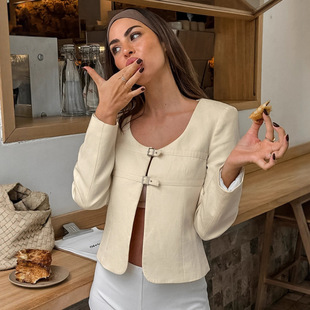 neck 外套U short 休闲杏色小西装 欧美设计感u领小众气质时尚