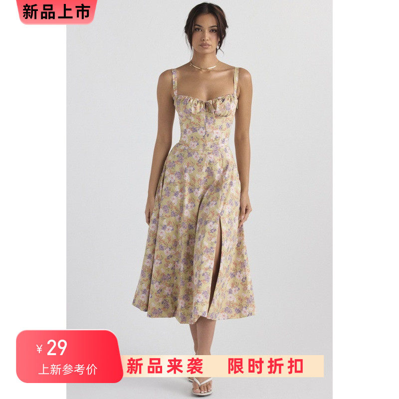 独特时髦宫廷油画复古风碎花吊带连衣裙气质优雅长裙
