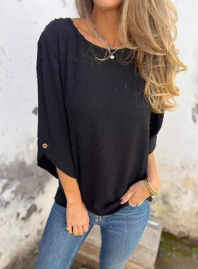 2024 Round Neck Chiffon Jacquard Fashion Casual Loose Top T