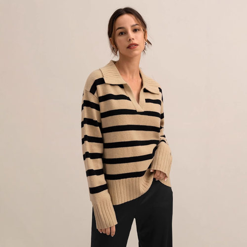 俄罗斯针织POLO领毛衣撞色宽松针织衫女 Striped knitted