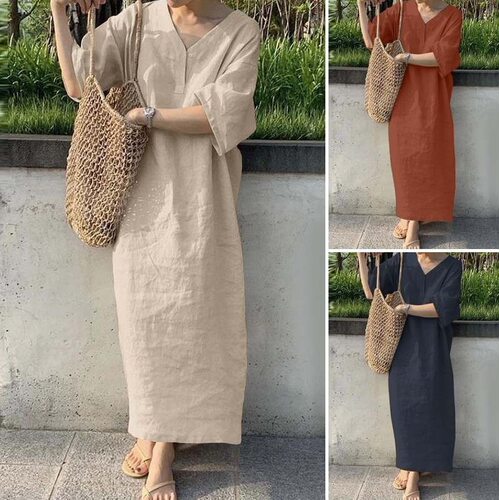 Short Sleeve V-neck Casual Linen Dress Women Summer Loose