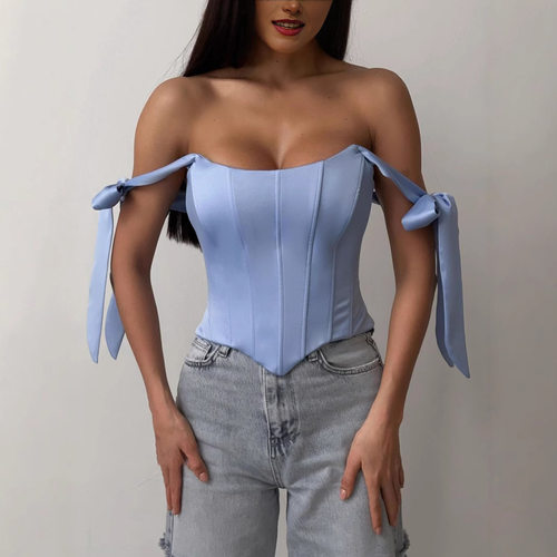 Bandage Corset Top Women Elegar Solid Satin Kawaii Backless