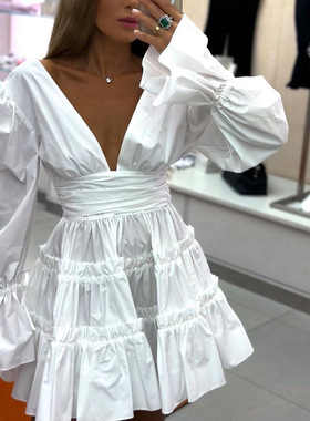 前后深V长袖系带连衣裙荷叶边A字裙 Front and rear V-neck