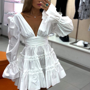 系带连衣裙荷叶边A字裙 Front rear neck and 前后深V长袖