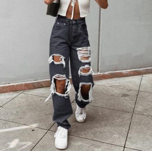 Women Button High Waist Hole Jeans Trouser Loose Denim Pants