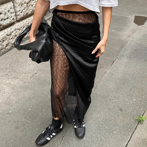 黑色性感辣妹蕾丝拼布色丁半身裙2025sexy tinted mesh skirt