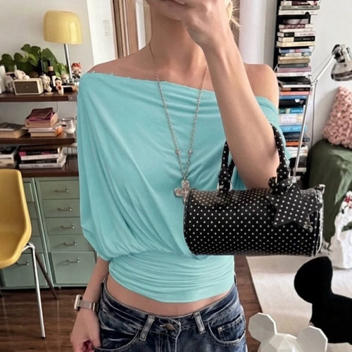 Loose t-Shirt Women Off-Shoulder Batwving Sleeve Folds Summe