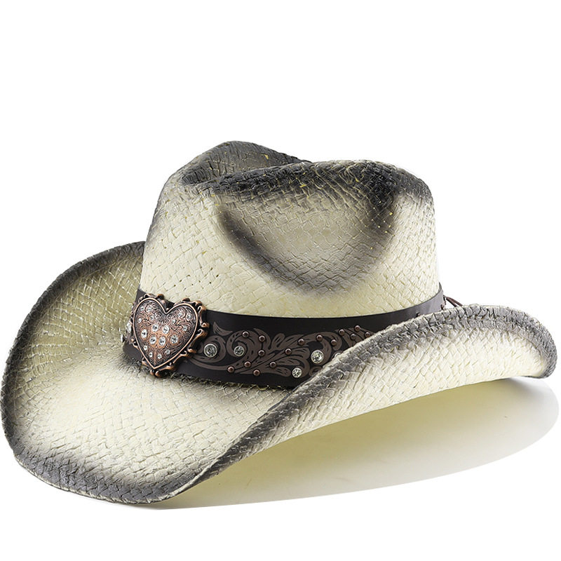 水钻皮带草编骑士帽女夏季户外登山遮阳太阳帽西部牛仔防晒草帽男
