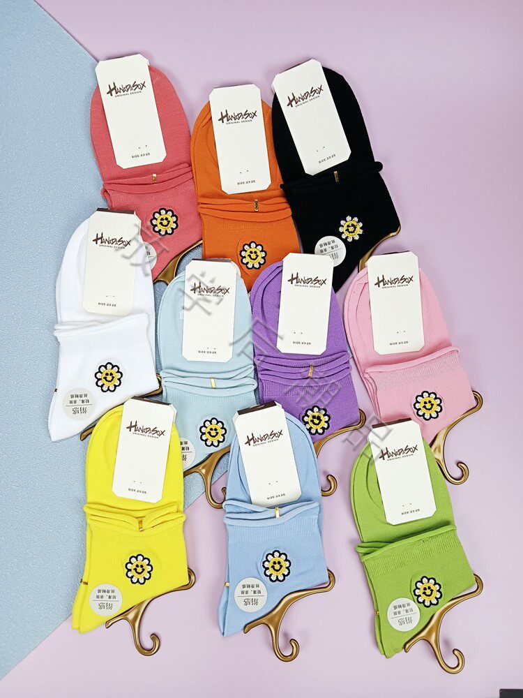 花田靴下女士绢感刺绣太阳花短筒袜薄款