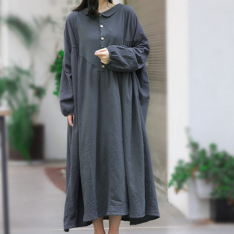 春秋季2026新款棉麻翻领灯笼袖A字裙长袖连衣裙大码女宽松高级感