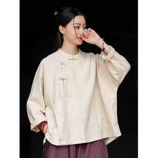 衣服女装大码胖mm上衣2026春秋宽松棉麻衬衫外套盘扣长袖立领衬衣