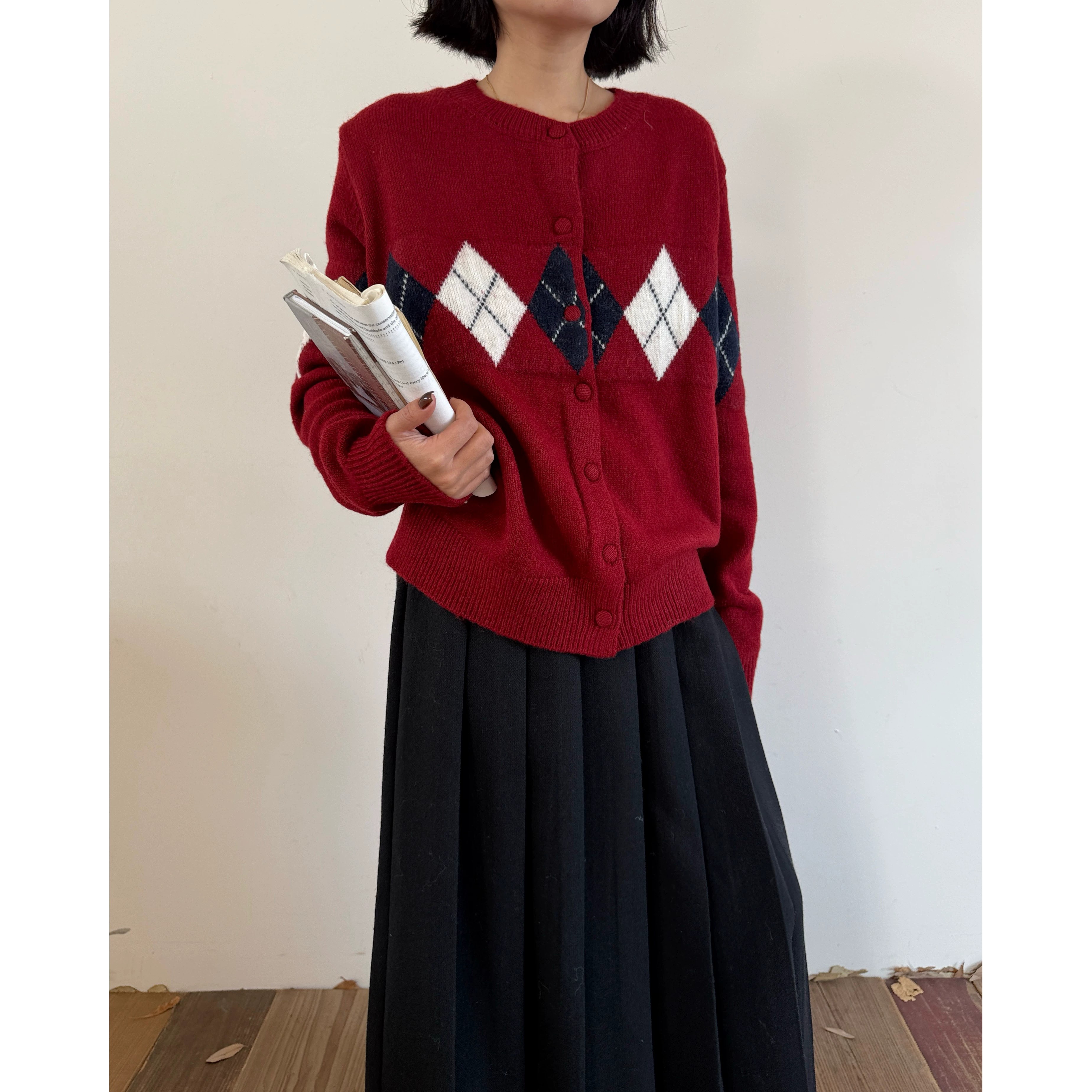 韩版宽松大码女装2026秋冬季新款菱格提花针织衫上衣保暖毛衣外套