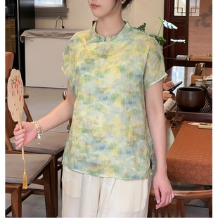 宽松休闲短袖 新中式 印花文艺大码 棉麻禅意百搭小衫 T恤女 上衣夏季