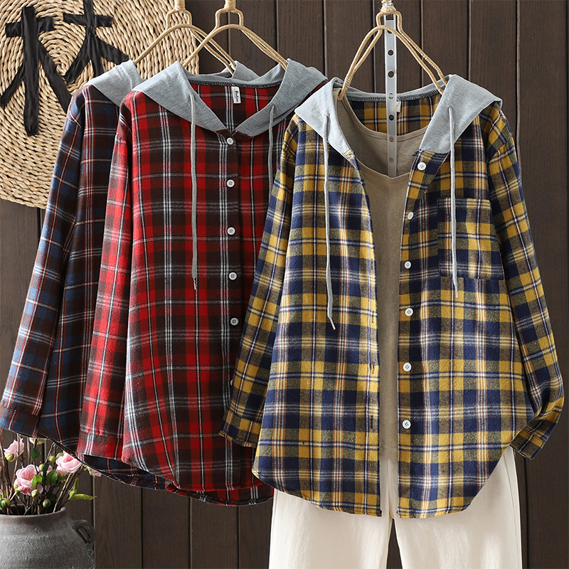 连帽格子衬衫拼接衬衣外套