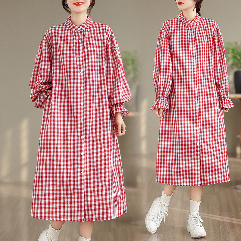 连衣裙大码女胖mm轻奢高级感2025春秋新款格子中长裙小清新衬衫裙