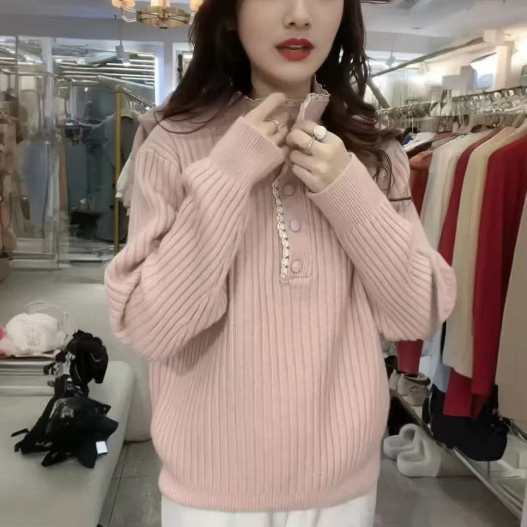 拼接长袖套头打底衫半开领针织衫