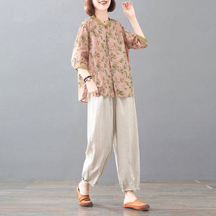 专柜正品 两件套棉麻套装 大码 印花上衣休闲裤 2026春夏宽松时尚 女装