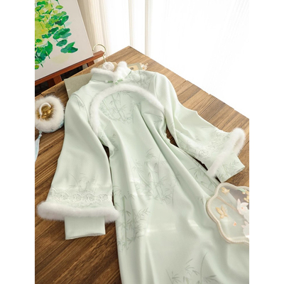 绒领倒大袖旗袍裙保暖改良连衣裙