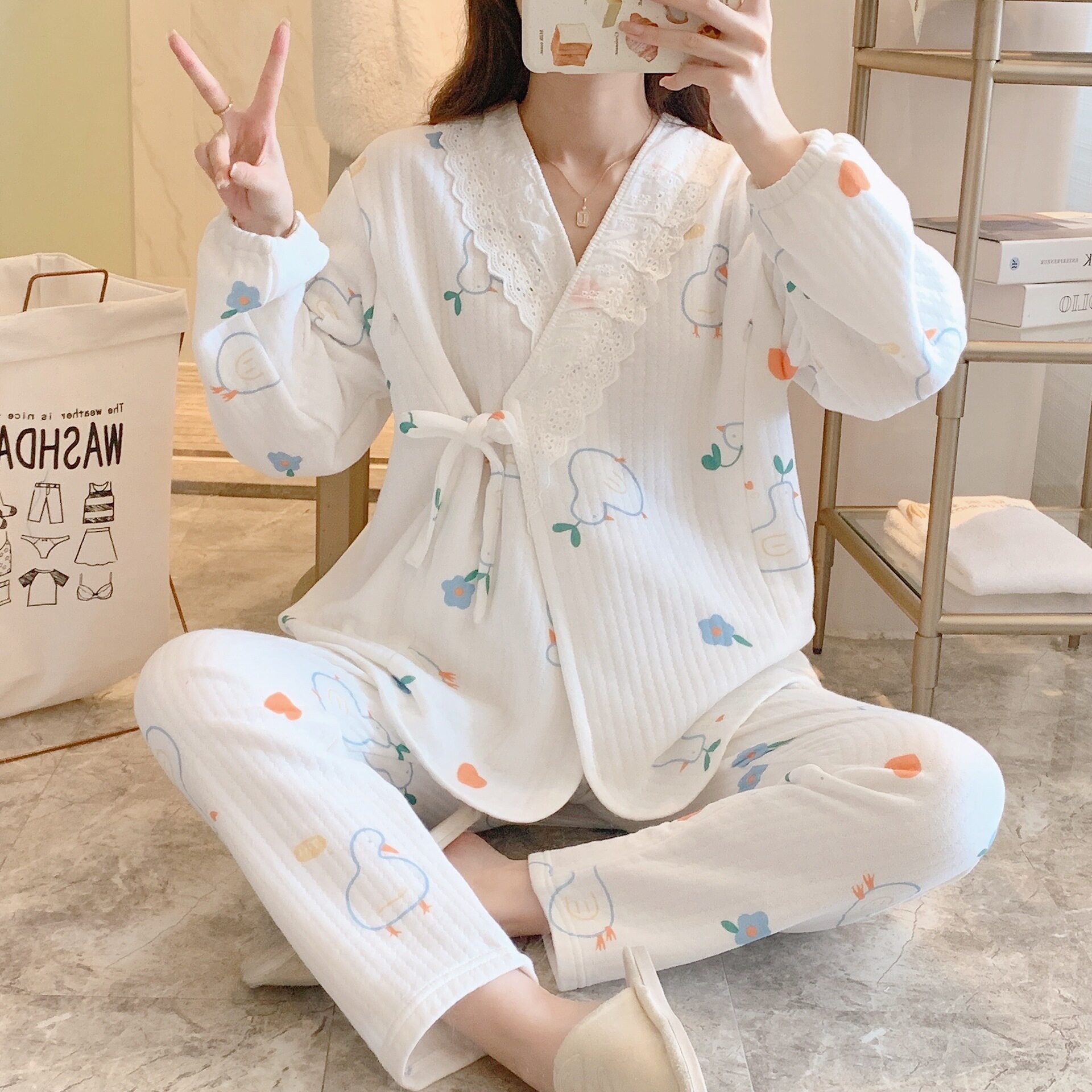 AUTUMN AND WINTER NEW AIR COTTON CONFINEMENT CLOTHES PREGNANT WOMENS PAJAMAS PRENATAL AND POSTPARTUM COMFORT AND WARMTH AUTUMN AND WINTER SUITABLE FOR BREASTFEEDING