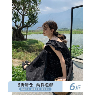 你好卡农 荷叶边小飞袖蝴蝶结连衣裙女夏季新款收腰显瘦气质长裙