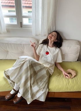 你好卡农 松紧腰拼色条纹格纹半身裙女2024新款夏季高腰a字长裙