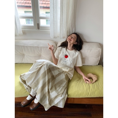 你好卡农a字拼色条纹格纹半身裙