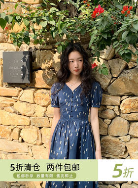 你好卡农 泡泡袖V领碎花裙女春夏新款复古收腰显瘦长款a字连衣裙