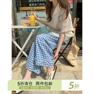 你好卡农 蓝白格子木耳边阔腿裤女夏季2025新款松紧腰简约休闲裤