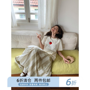 你好卡农 松紧腰拼色条纹格纹半身裙女2024新款夏季高腰a字长裙