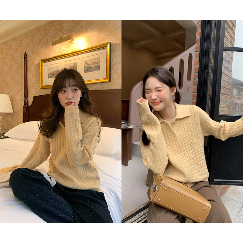 你好卡农POLO领麻花肌理针织衫