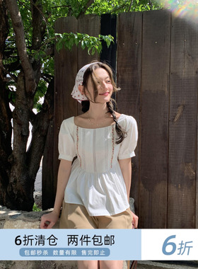 你好卡农 塔克褶拼接蕾丝花边上衣女夏2024新款田园风泡泡袖衬衫