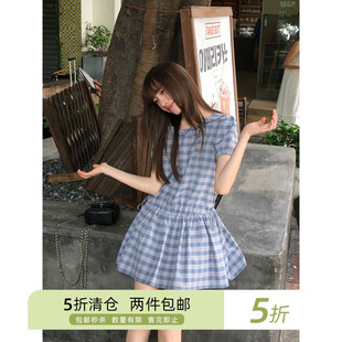 你好卡农 蓝色立体花朵短袖连衣裙女夏2025新款收腰显瘦抽绳短裙