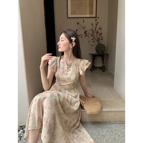 新中式连衣裙小飞袖盘扣你好卡农