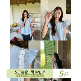 你好卡农 蓝色圆领衬衫女夏季2025新款小飞袖衬衣设计感宽松上衣