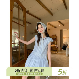 你好卡农 蓝色肌理条纹蕾丝拼接连衣裙女夏新款小个子收腰a字短裙