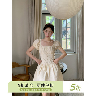 你好卡农 法式方领肌理刺绣连衣裙女夏季2025新款小个子收腰短裙