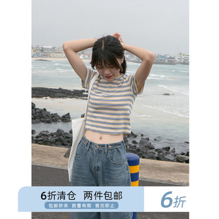 卡农自制2021新款短袖短款修身T恤韩范休闲百搭条纹夏天上衣女
